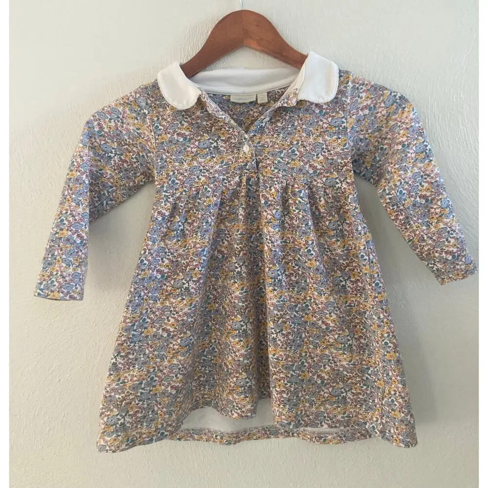 JoJo Maman Bebe 100% Cotton Peter Pan Collared Ditsy Floral Dress 3-4 Mustard